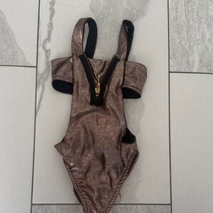 Les Tout Petits Kids Metallic Bronze One-Piece Swimsuit with Front Zip